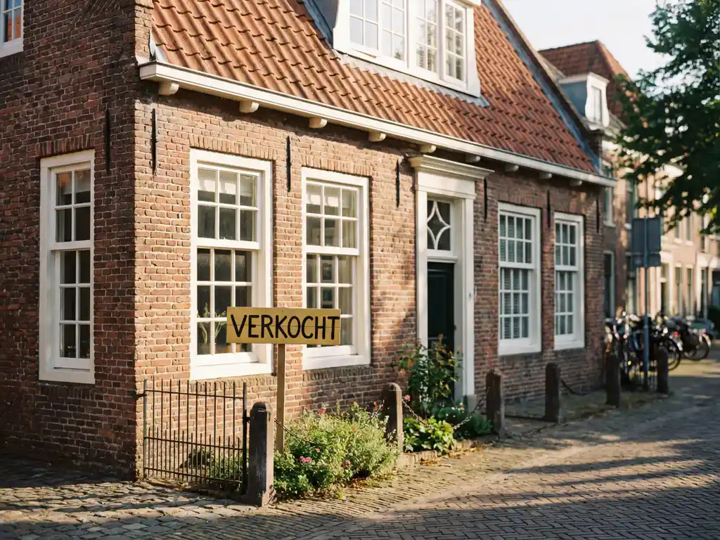 Nederlandse bakstenen woning met witte kozijnen en rode dakpannen, gele VERKOCHT-bord in voortuin, warme middagzon op kinderkopjes