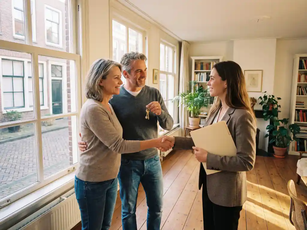 Nederlandse huiseigenaren schudden handen met vastgoedinvesteerder in lichte woonkamer, sleutels en map zichtbaar