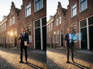 Traditioneel Nederlands bakstenen herenhuis met trapgevel, vastgoedmakelaar met sleutels naast zakenman met tablet, gouden uurtje verlichting op kinderkopjes