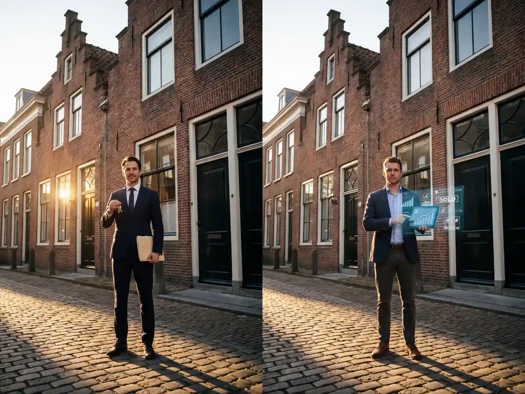 Traditioneel Nederlands bakstenen herenhuis met trapgevel, vastgoedmakelaar met sleutels naast zakenman met tablet, gouden uurtje verlichting op kinderkopjes