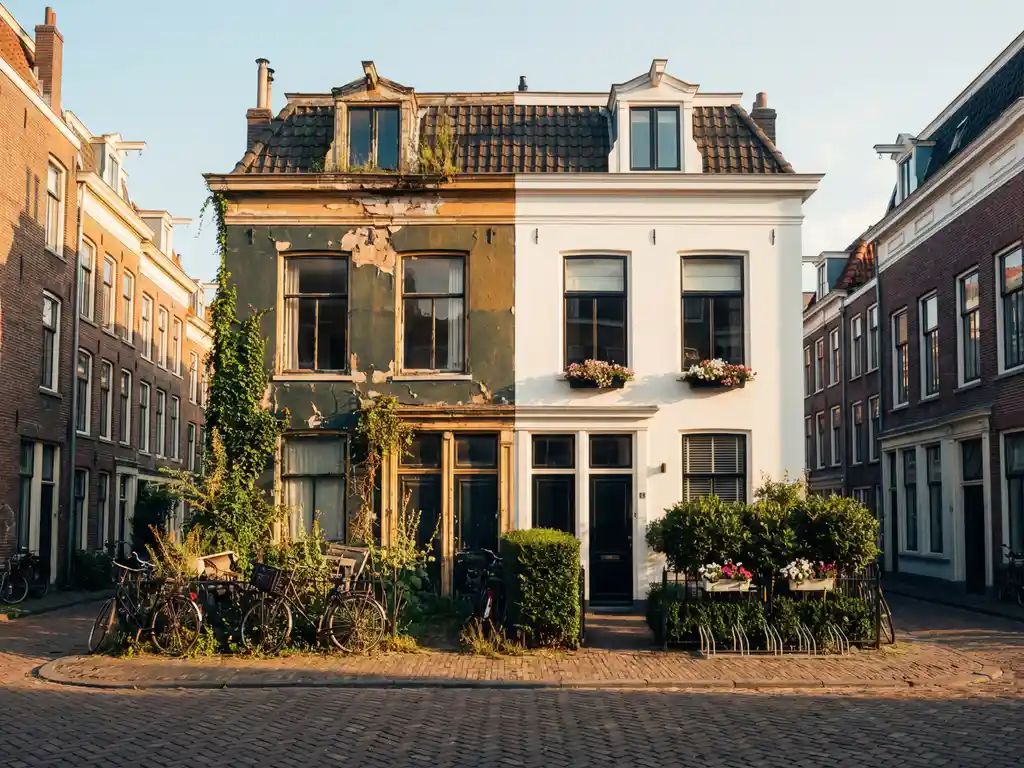 Verweerde en gerenoveerde Nederlandse rijtjeshuizen op kasseienstraat in Amsterdam tijdens gouden uur