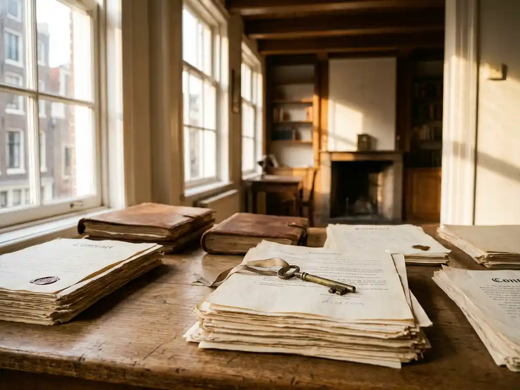 Stapel officiële documenten en contracten met huissleutel op houten tafel in historisch Amsterdams grachtenpand