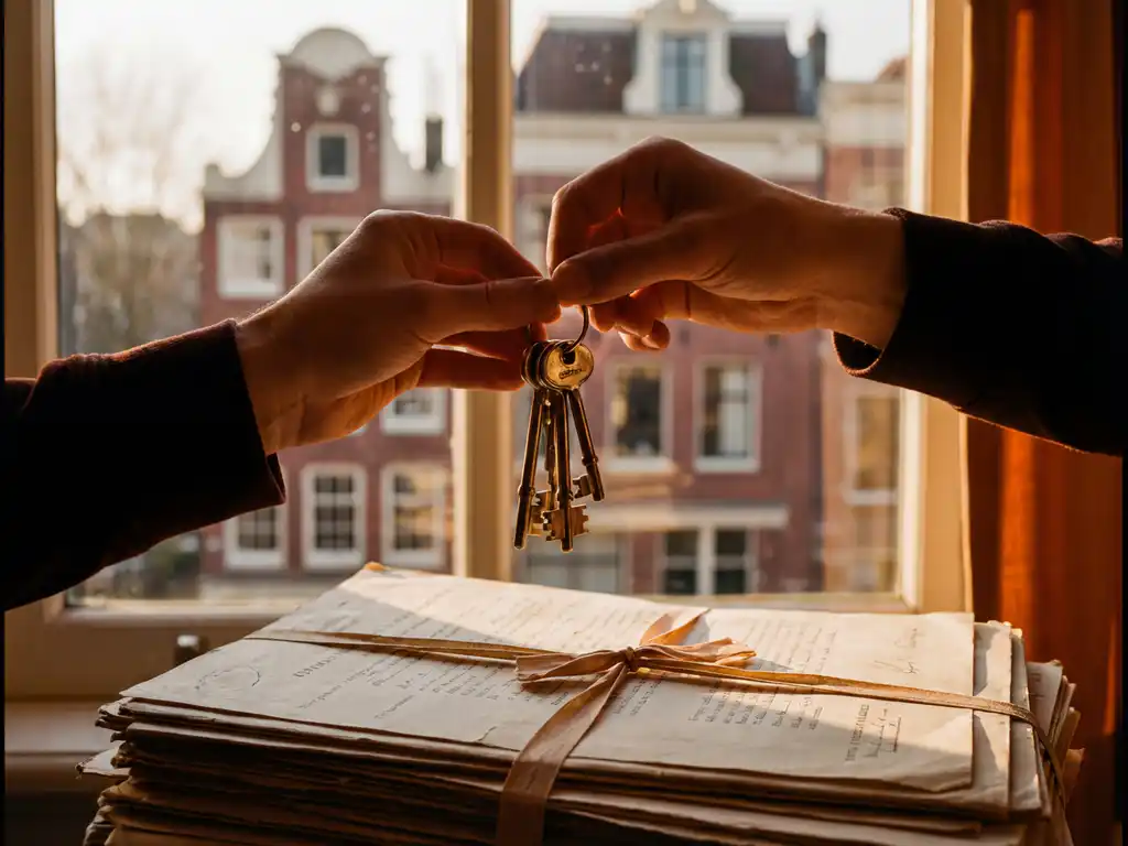 Glanzende messing huissleutels worden overhandigd boven stapel officiële eigendomsdocumenten met Hollands grachtenpand op achtergrond