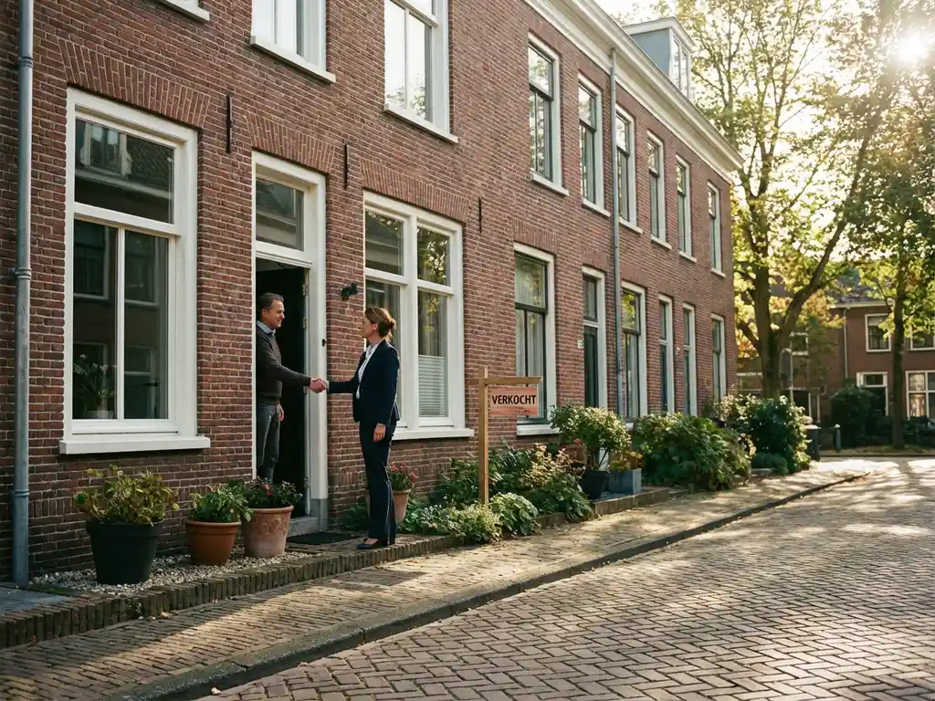 Vastgoedmakelaar en huiseigenaar schudden handen voor verkocht Nederlands rijtjeshuis met rode bakstenen gevel