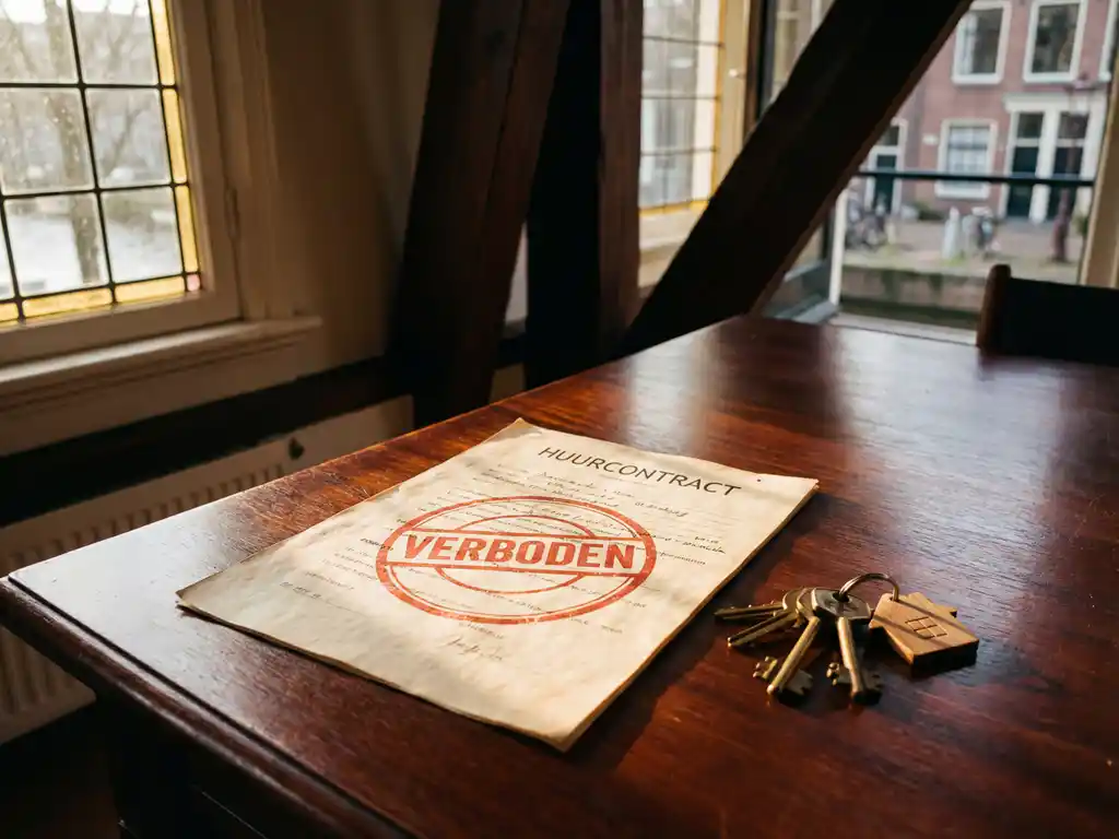 Nederlandse huurovereenkomst met rode VERBODEN stempel naast huissleutels op houten tafel in warm zonlicht