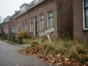 Nederlandse rijtjeswoning met verweerd "TE HUUR" bord in voortuin met overgroeid gras en herfstbladeren