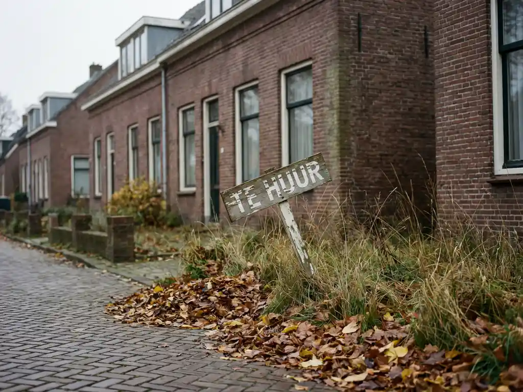 Nederlandse rijtjeswoning met verweerd "TE HUUR" bord in voortuin met overgroeid gras en herfstbladeren