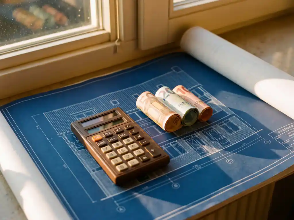 Calculator en eurobiljetten op blauwdrukken van Nederlands rijtjeshuis met warm zonlicht door raam