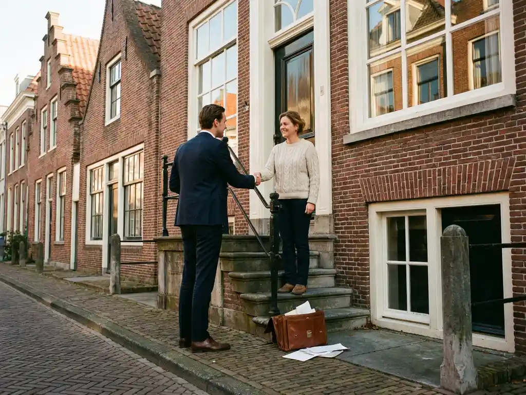 Makelaar en huiseigenaar schudden handen voor traditioneel Nederlands bakstenen huis met trapgevel