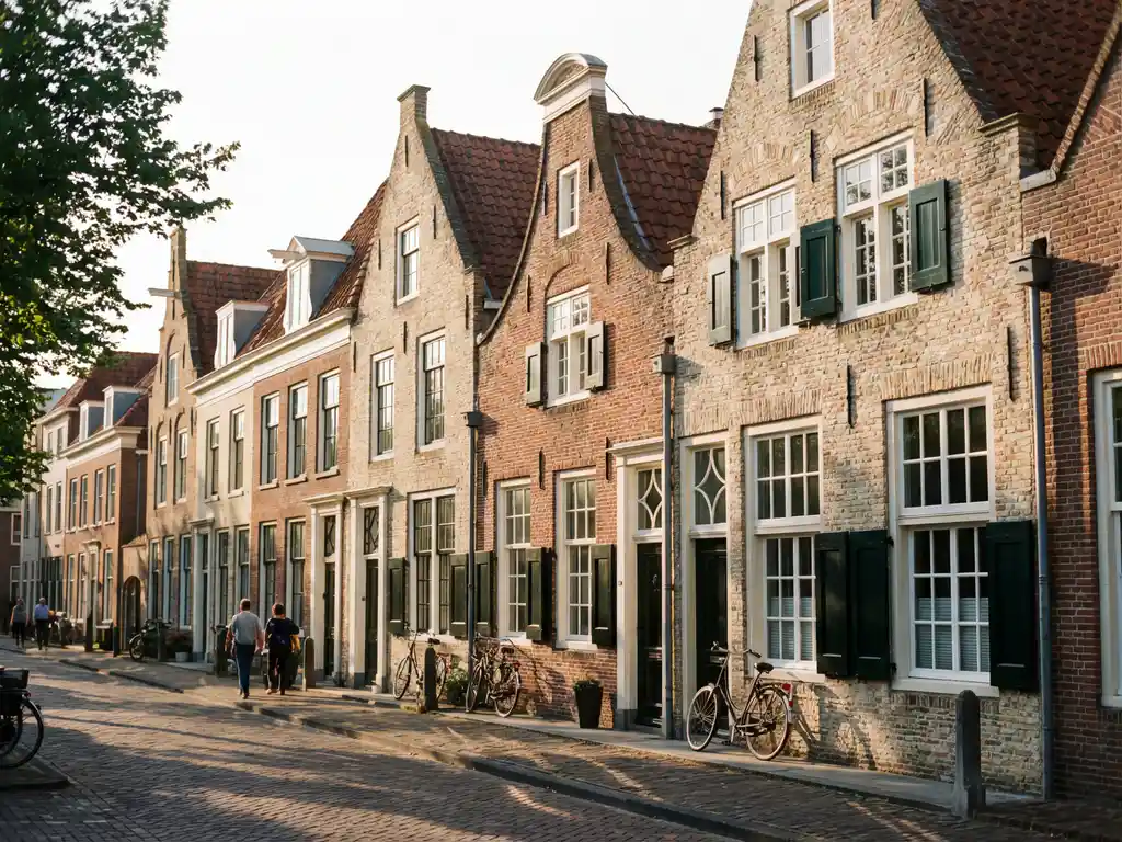 Traditionele Nederlandse bakstenen herenhuizen met rode pannendaken en witte kozijnen langs geplaveide straat in warm middaglicht