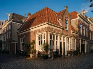 Traditioneel Nederlands bakstenen rijtjeshuis met witte kozijnen en rode dakpannen op geplaveide straat in Amsterdam