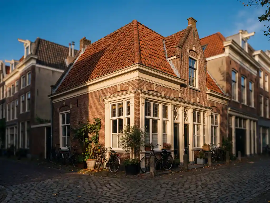 Traditioneel Nederlands bakstenen rijtjeshuis met witte kozijnen en rode dakpannen op geplaveide straat in Amsterdam