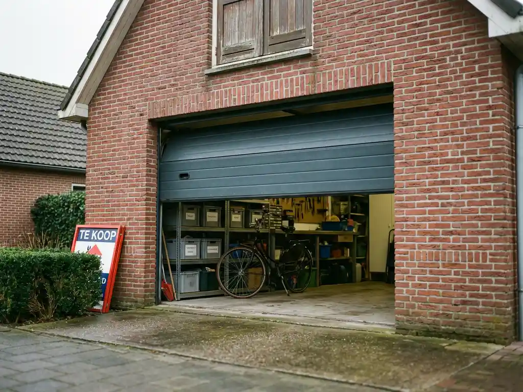 Nederlandse garage met half geopende deur, georganiseerde opslag en fiets binnen, rode bakstenen gevel, Te Koop bord zichtbaar