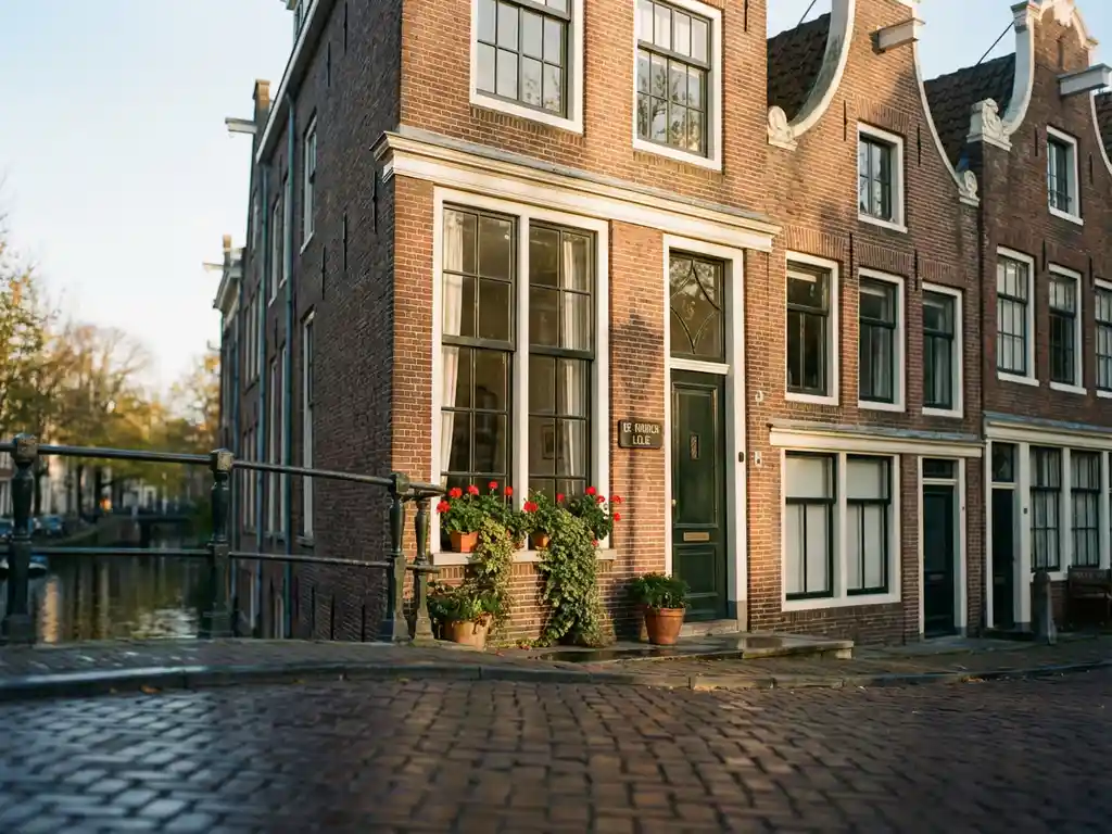 Traditioneel Amsterdams grachtenpand met trapgevel en grote ramen, bloempotten op vensterbanken, kasseienstraat