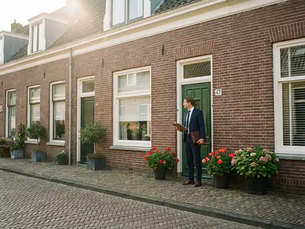 Makelaar in marineblauw pak staat voor Nederlandse rijtjeswoning met rode bakstenen gevel en witte kozijnen