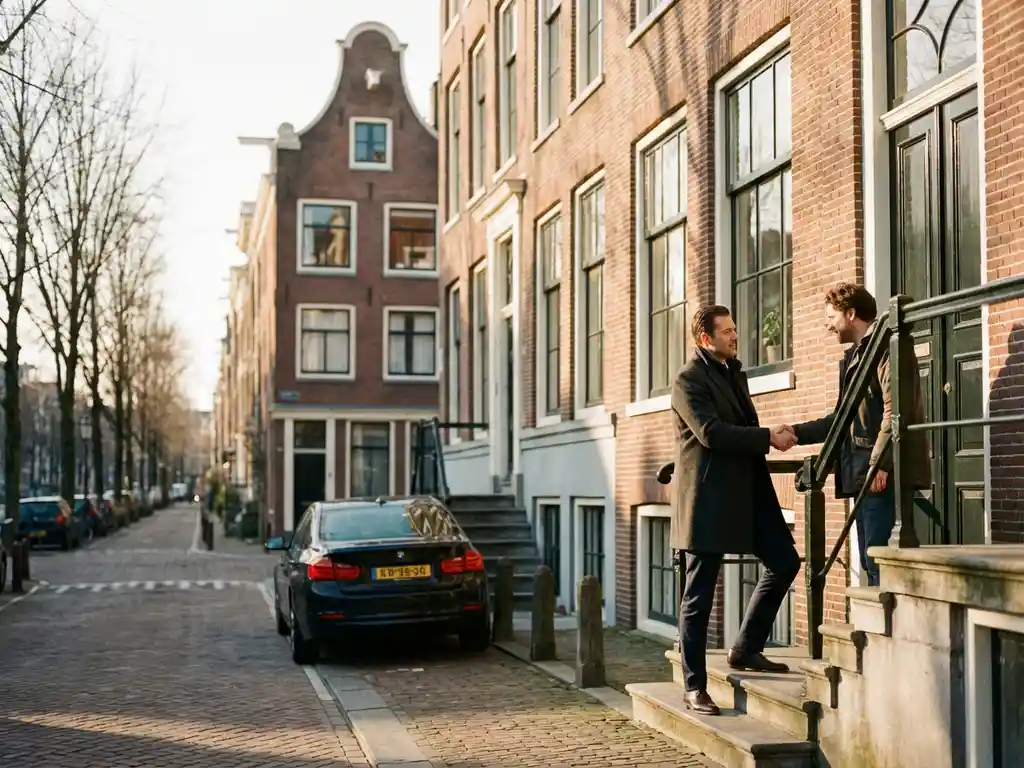 Vastgoedinvesteerder schudt handen met huiseigenaar voor karakteristiek Amsterdams bakstenen herenhuis