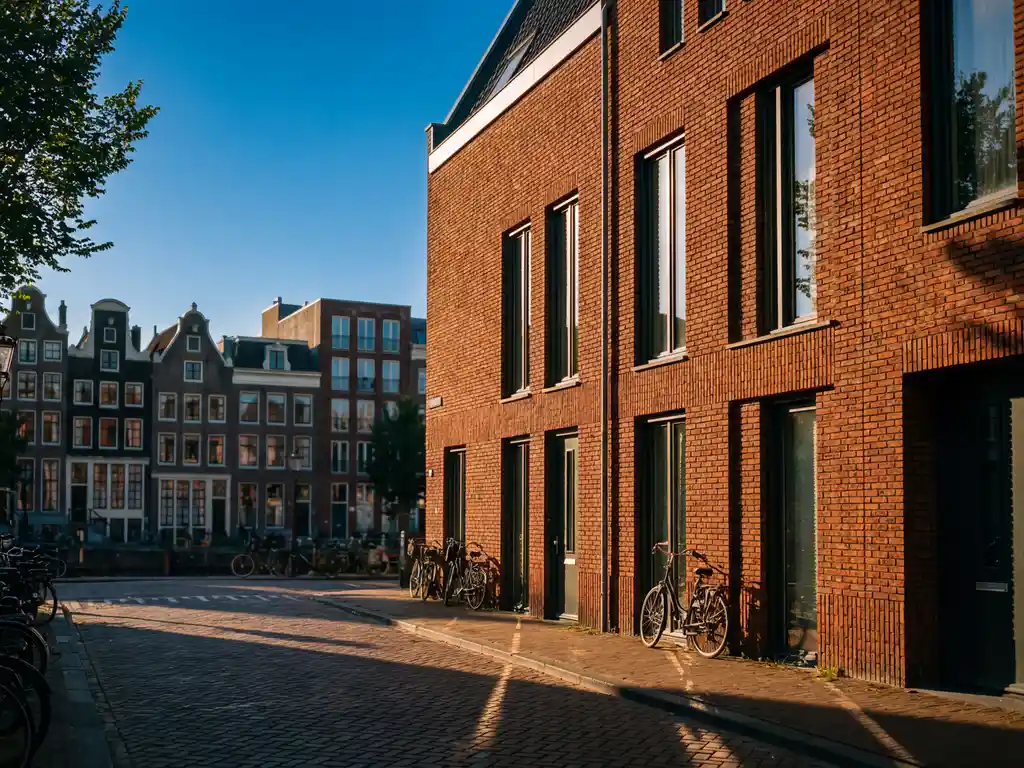 Nederlandse bakstenen herenhuis met grote ramen in diverse buurt met traditionele grachtenpanden en moderne appartementen op kasseienstraat