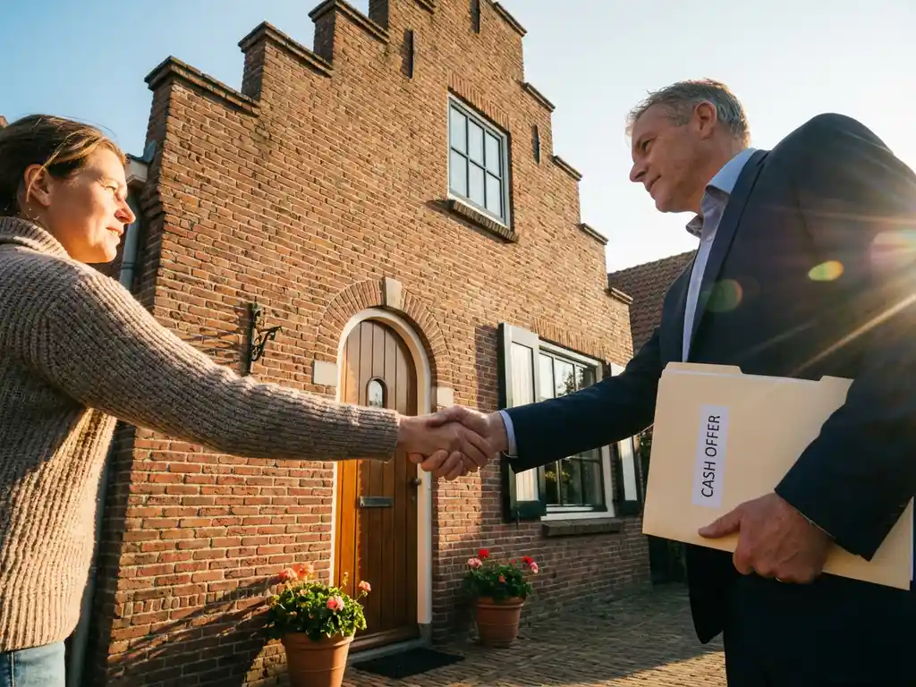 Makelaar en huiseigenaar schudden handen voor traditioneel Nederlands bakstenen huis met trapgevel