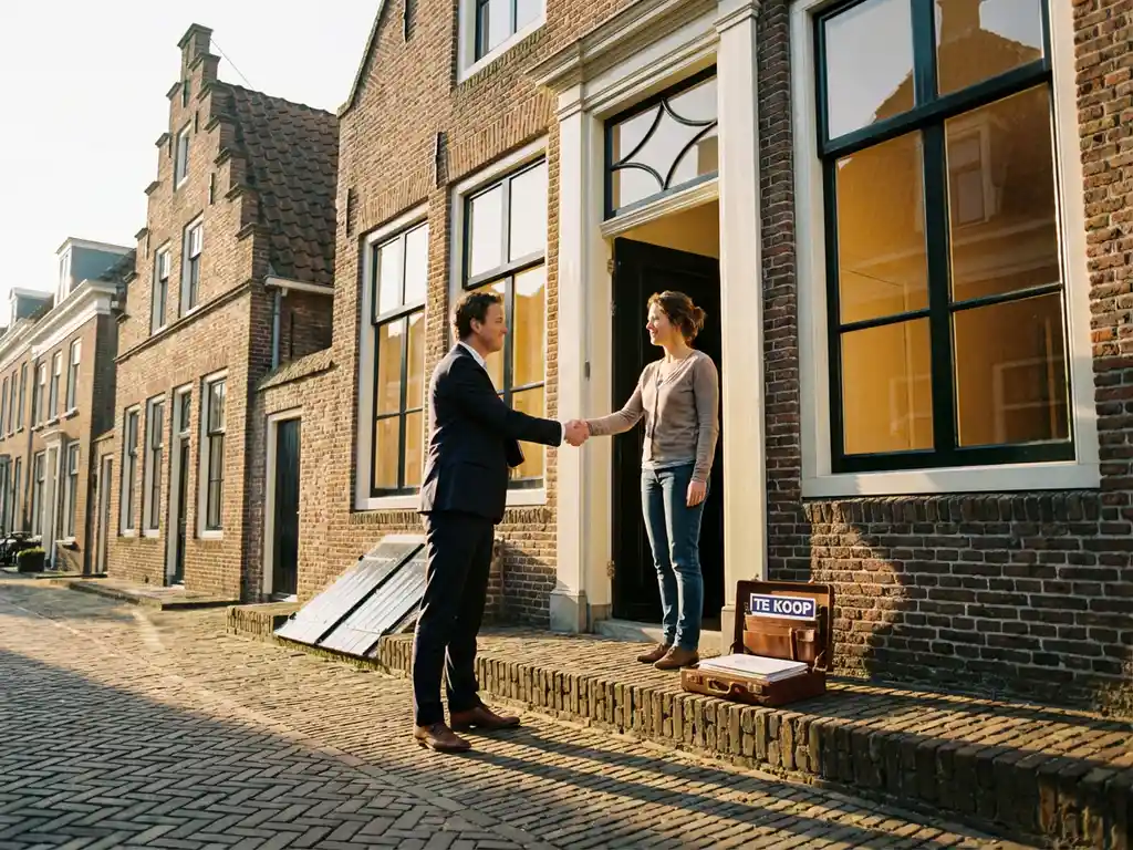 Makelaar en koper schudden handen voor traditioneel Nederlands grachtenpand met trapgevel tijdens gouden uurtje