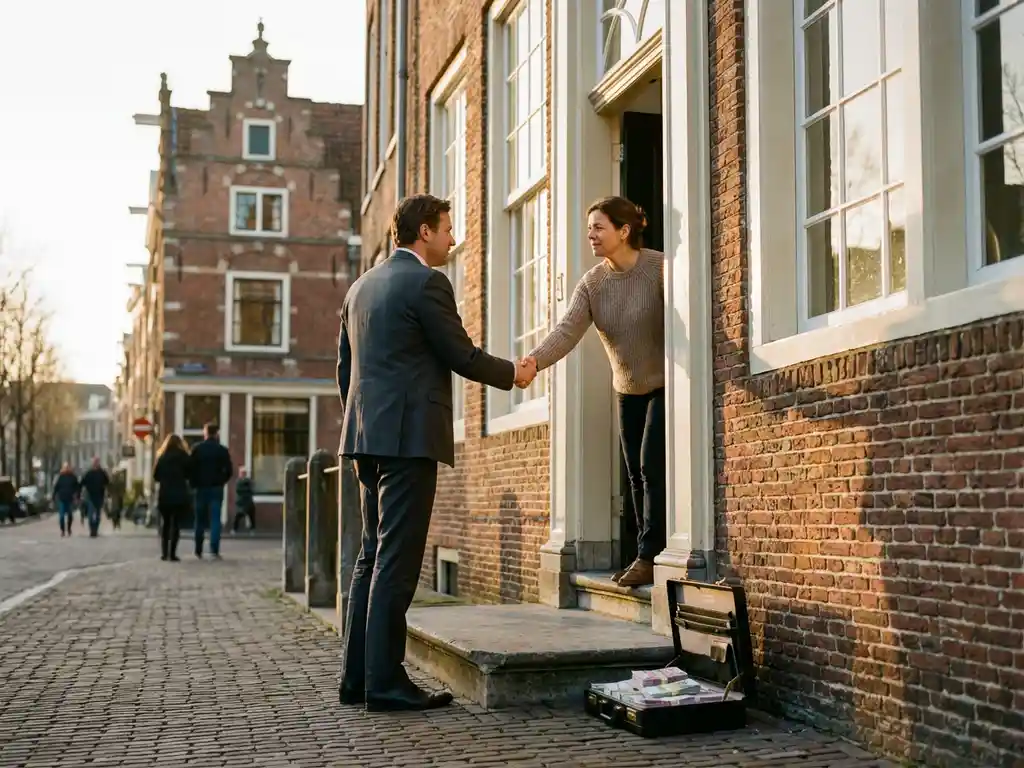 Makelaar en huiseigenaar schudden handen voor traditioneel Nederlands bakstenen huis met trapgevel