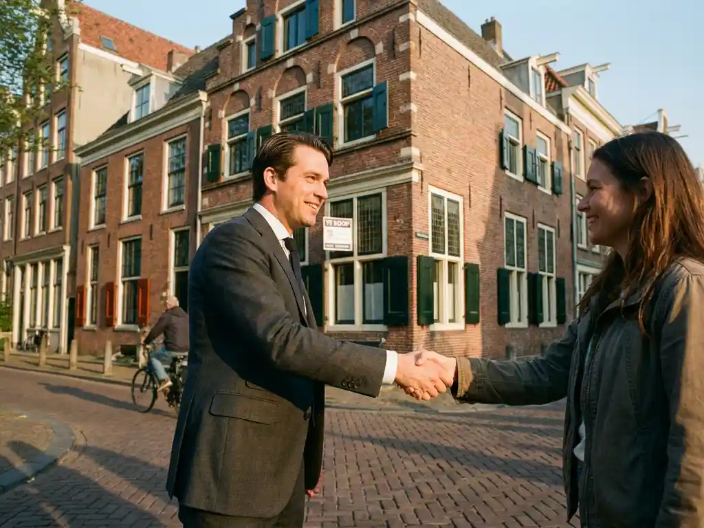 Makelaar en huiseigenaar schudden handen voor traditioneel Amsterdams grachtenpand met trapgevels