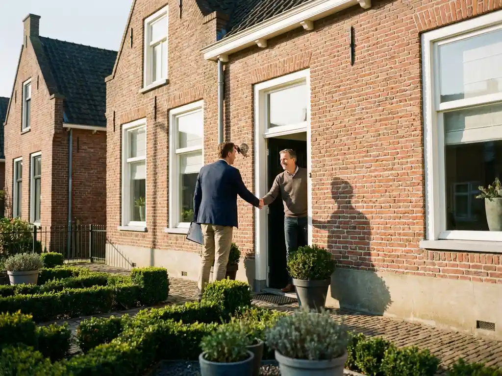 Makelaar in marineblauw jasje schudt handen met huiseigenaar voor traditioneel Nederlands bakstenen huis met rode gevel