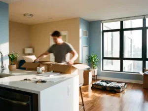 Persoon pakt snel kartonnen dozen in moderne Nederlandse woning, koffer open op houten vloer, sleutels verspreid op aanrecht