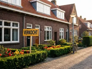 Nederlandse bakstenen rijtjeswoning met rode dakpannen en gele VERKOCHT-bord in voortuin met tulpen en hagen