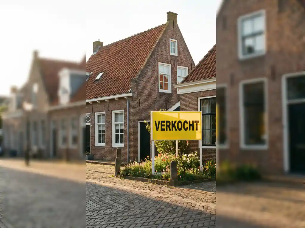 Nederlandse bakstenen woning met rode dakpannen en wit kozijnwerk, gele VERKOCHT-bord in voortuin, warme middagzon op kasseienstraat