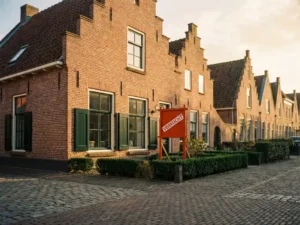 Nederlandse bakstenen herenhuis met trapgevel en rood "VERKOCHT" bord in voortuin op kasseienstraat