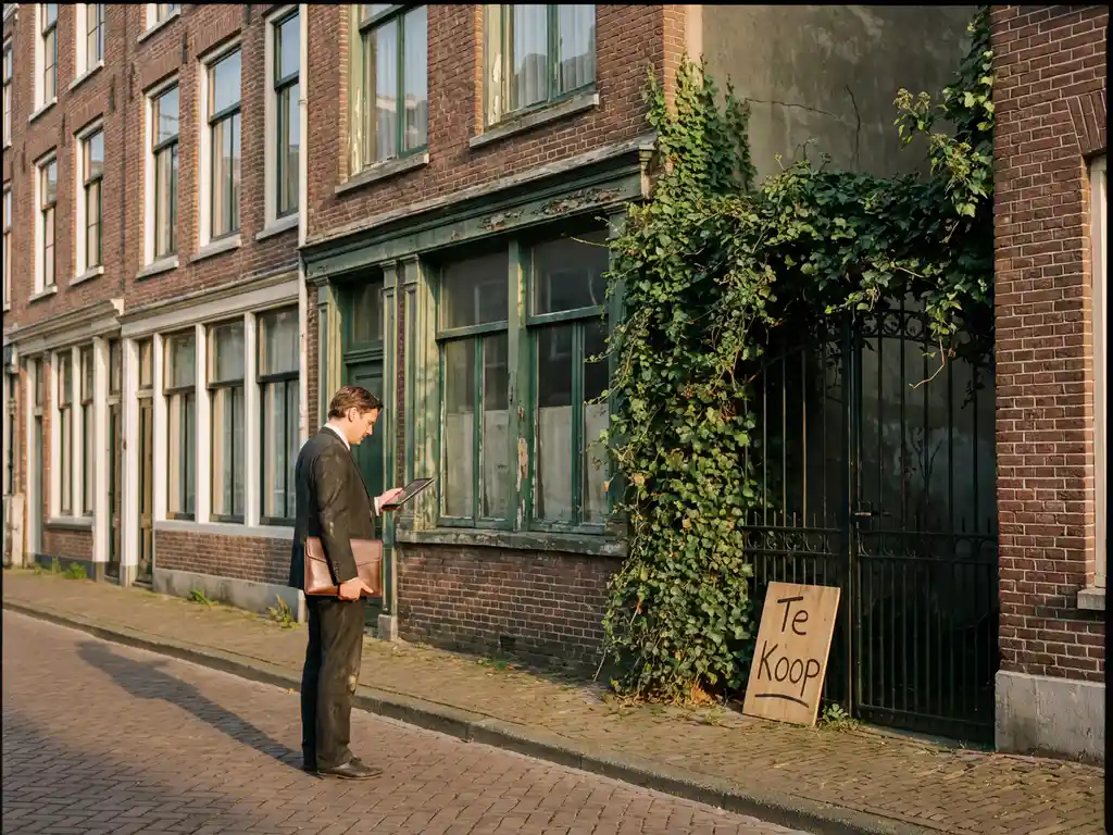 Professionele koper in donker pak onderzoekt verweerd bakstenen herenhuis met Te Koop bord en overwoekerde tuin