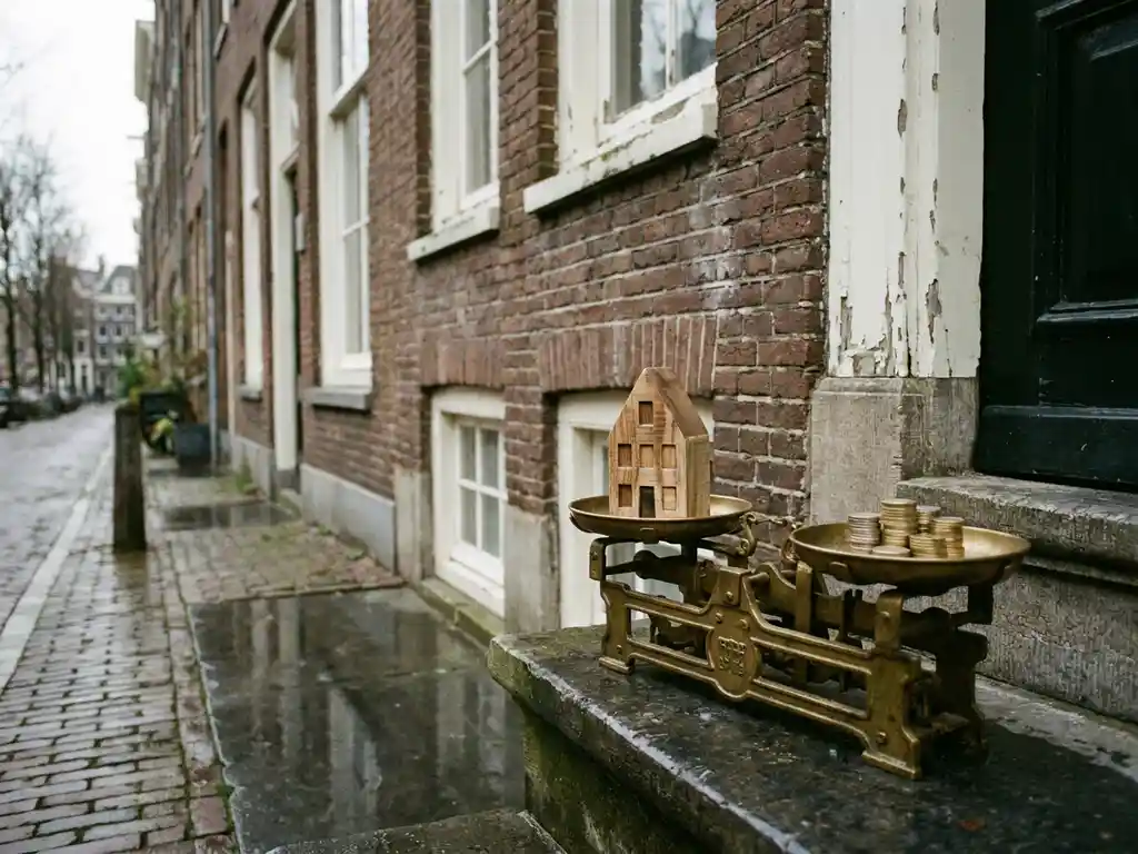 Vintage messing weegschaal op drempel van Amsterdams grachtenpand balanceert huismodel tegen gestapelde euromunten.
