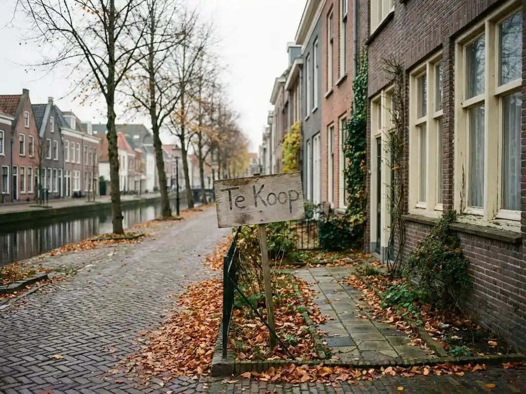 Nederlandsche rijtjeswoning te koop met verweerde verkoopbord, herfstbladeren op betegeld pad langs stille gracht.