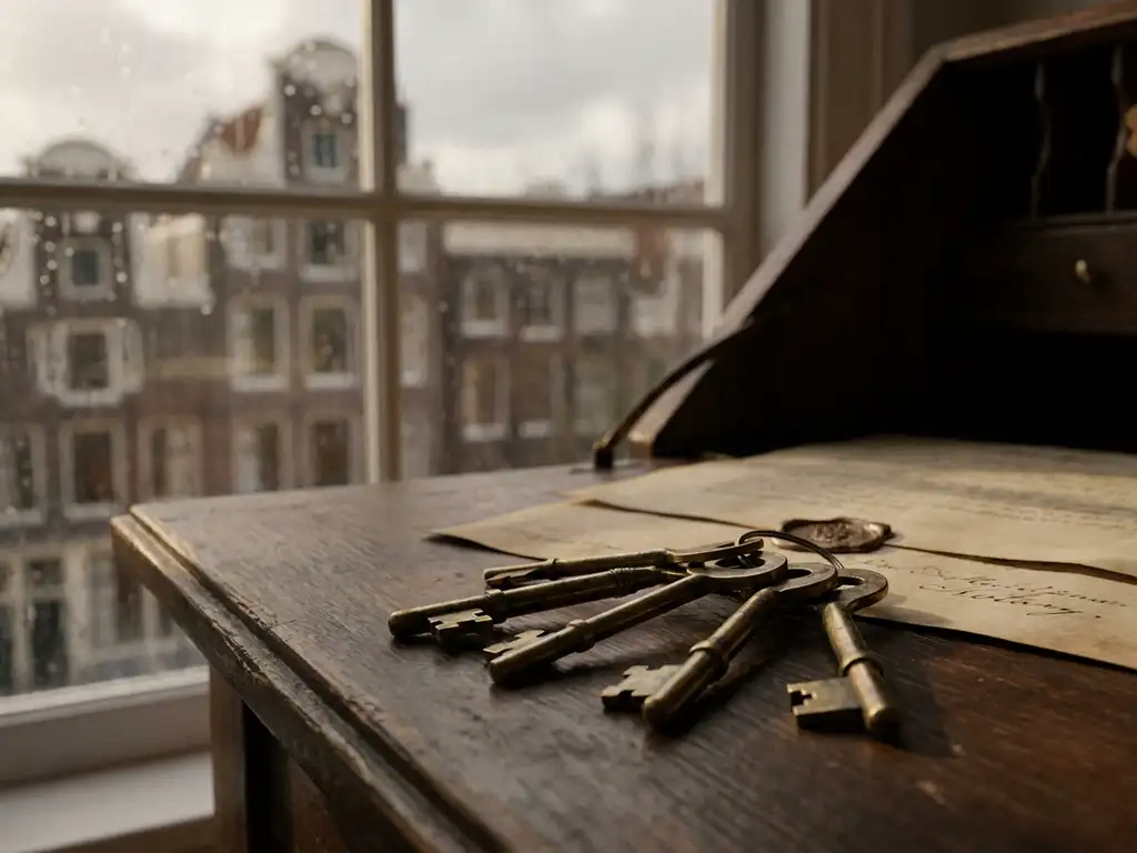 Oude messing huissleutels op een notarisbureau naast een gevouwen erfenisdocument, met een Amsterdams grachtenpand zichtbaar door een regenbeslagen raam.