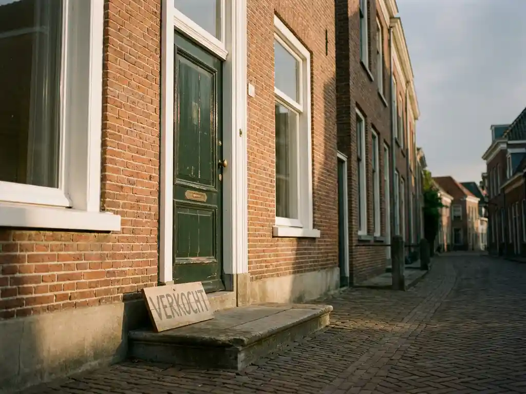 Voordeur van Hollands bakstenen herenhuis met wit kozijn en stoep, "verkocht"-bord tegen de drempel in middaglicht.