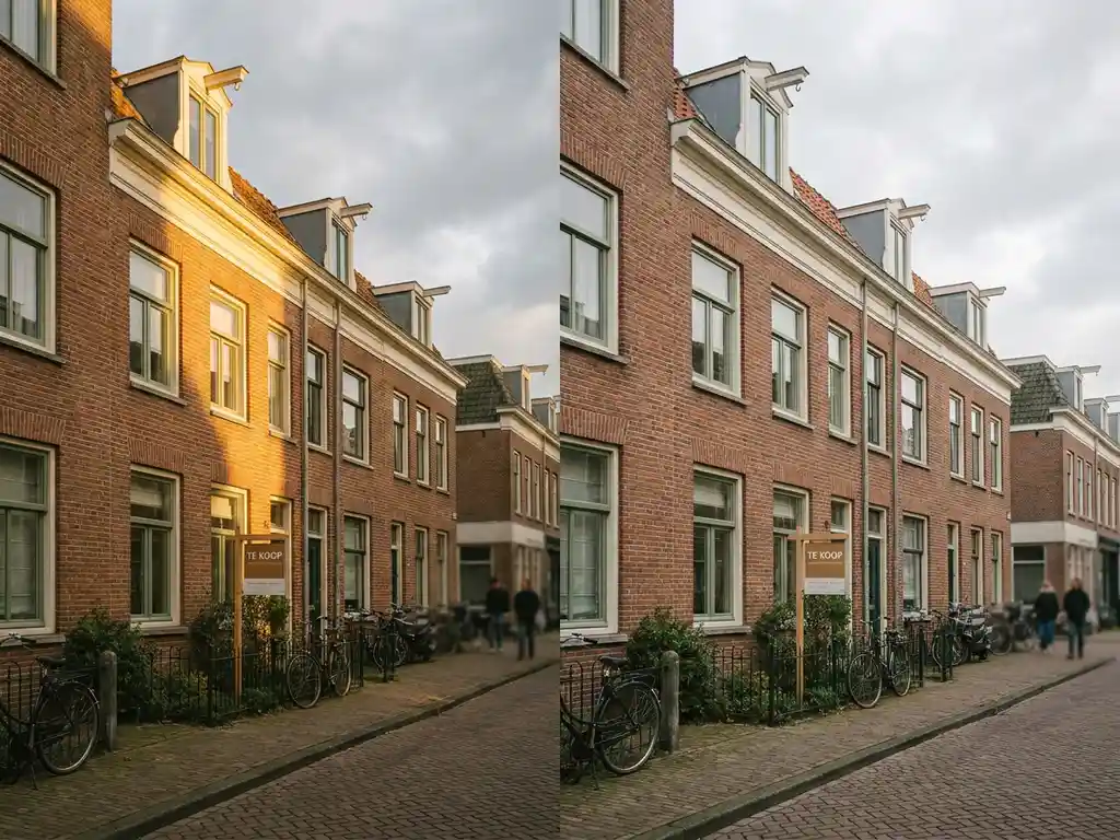 Traditioneel Nederlands rijtjeshuis met Te Koop-bord in voortuin, terracottakleurige bakstenen en salie groene kozijnen in warm zonlicht.