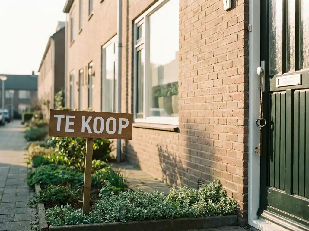 Rood bakstenen rijtjeswoning met Te Koop-bord in voortuin en sleutel aan deurklink, warm middaglicht op de gevel.