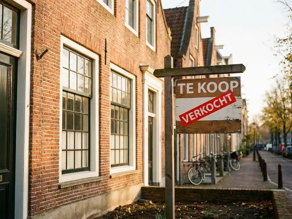 Verkocht-bord voor een klassiek Nederlands grachtenpand van rode baksteen met trapgevel en grote ramen in herfstlicht.