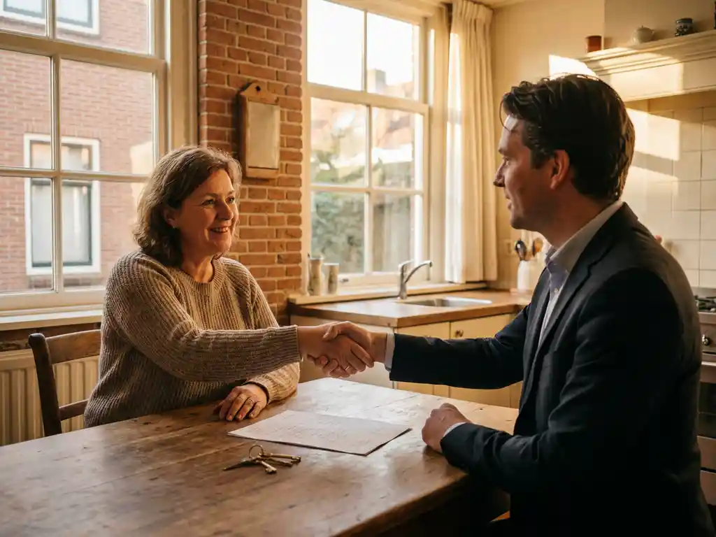 Huiseigenaar en koper schudden handen aan keukentafel in Hollands rijtjeshuis, met bod en sleutels tussen hen in.
