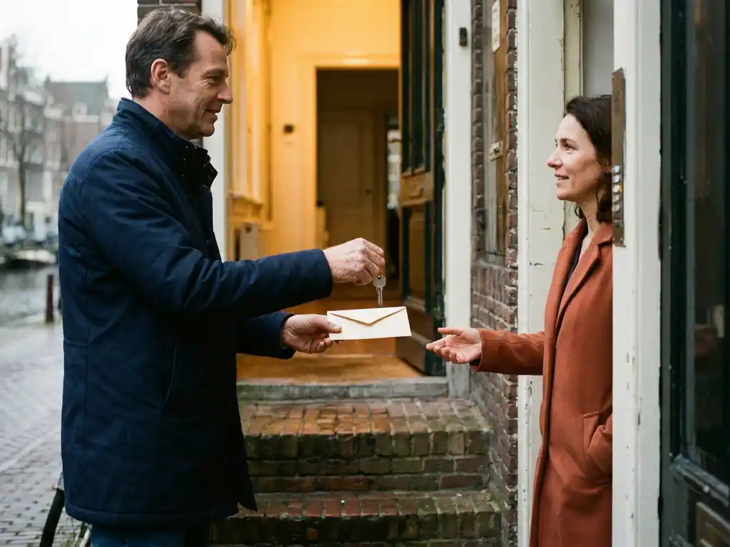 Huurder overhandigt huissleutel aan verhuurder in de deuropening van een Amsterdams grachtenpand, envelop met documenten gewisseld.