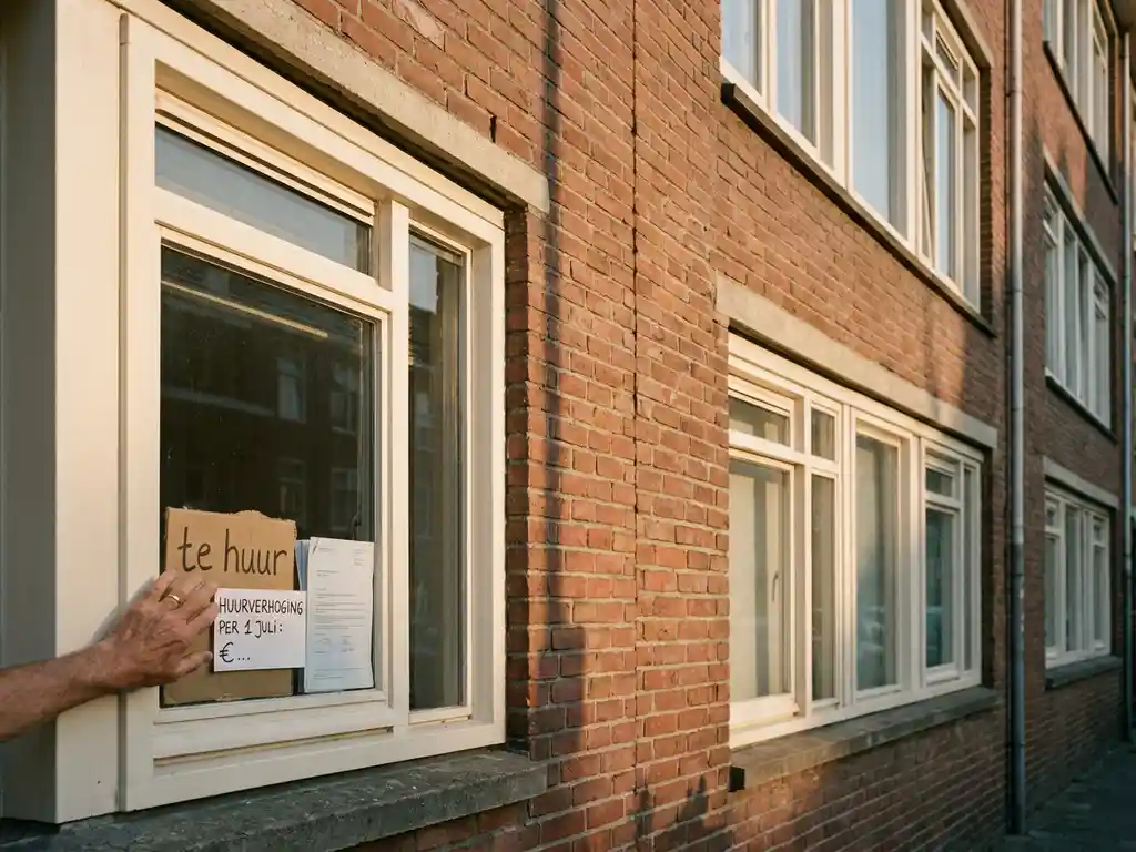Verhuurder plaatst huurprijsberekening achter raam van jaren-50 bakstenen huurwoning met gedeeltelijk zichtbaar te huur-bord.