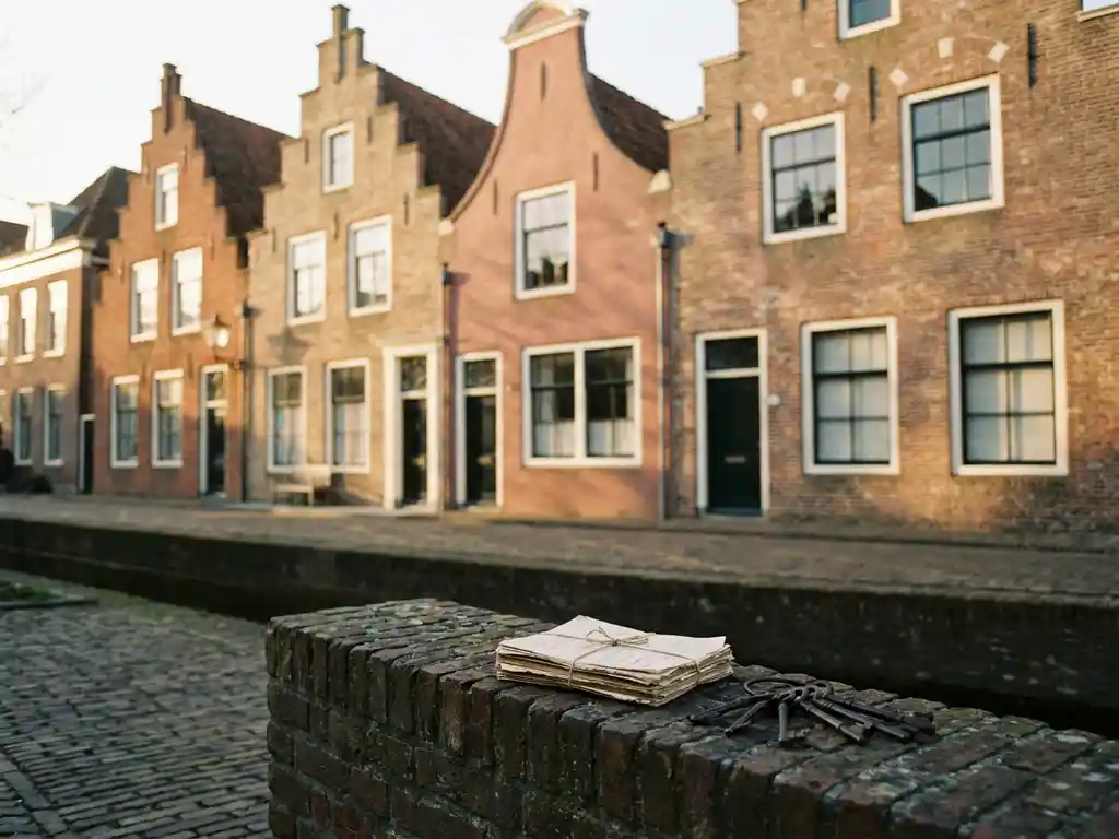 Drie Nederlandse rijtjeshuizen met trapgevels en grote ramen, met huurcontracten en sleutels op de tuinmuur op de voorgrond.