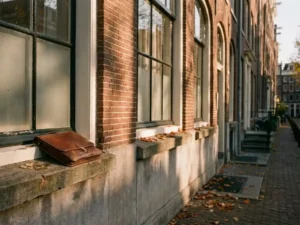 Klassiek Nederlands grachtenpand met bakstenen gevel en grote ramen, met lederen portfolio en euromunten op de vensterbank in herfstzonnelicht.