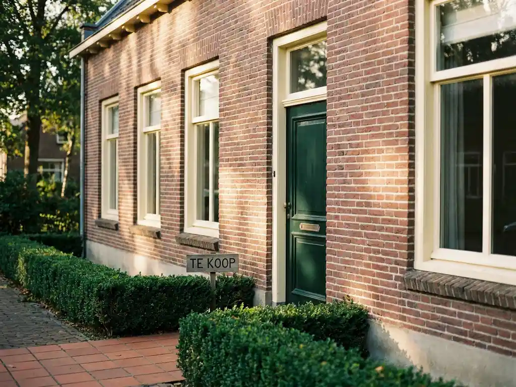 Nederlandstalig Nederlands bakstenen beleggingspand met verzorgde hagen, crèmewitte kozijnen en een groen geschilderde voordeur met te-koop-bord.