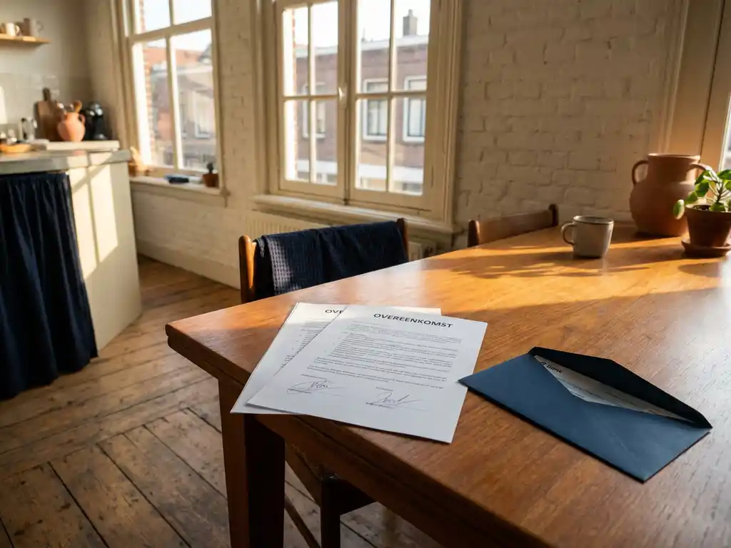 Ondertekend koopcontract op houten keukentafel in Nederlandse rijtjeswoning, met bankdocumenten in envelop en middaglicht door hoge ramen.