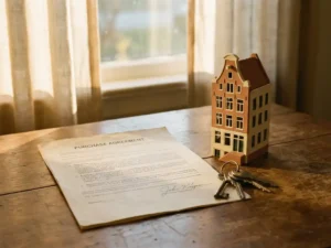 Getekende koopovereenkomst op houten tafel met huissleutels en miniatuur Hollandse rijtjeswoning in warm middaglicht.