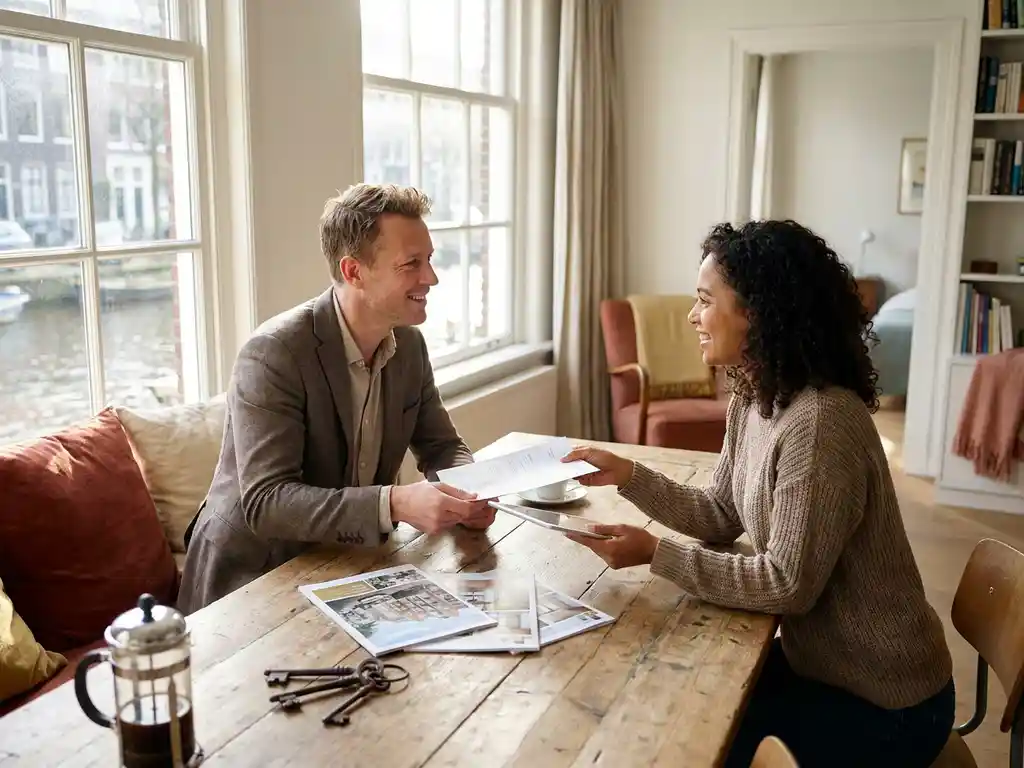 Makelaar en koper wisselen documenten uit in lichte Amsterdamse grachtenwoning met houten tafel vol brochures en sleutels.