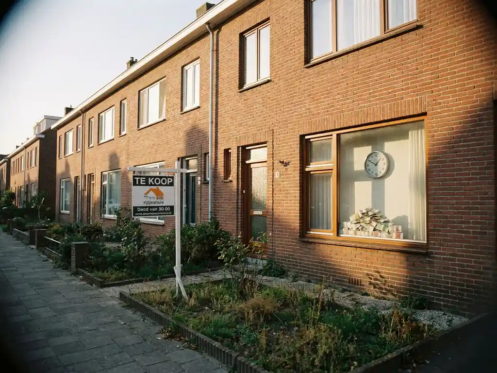 Nederlandse rijtjeshuis met Te Koop-bord, krimpende eurobiljetten naast een klok op vensterbank, rode bakstenen gevel in middaglicht.