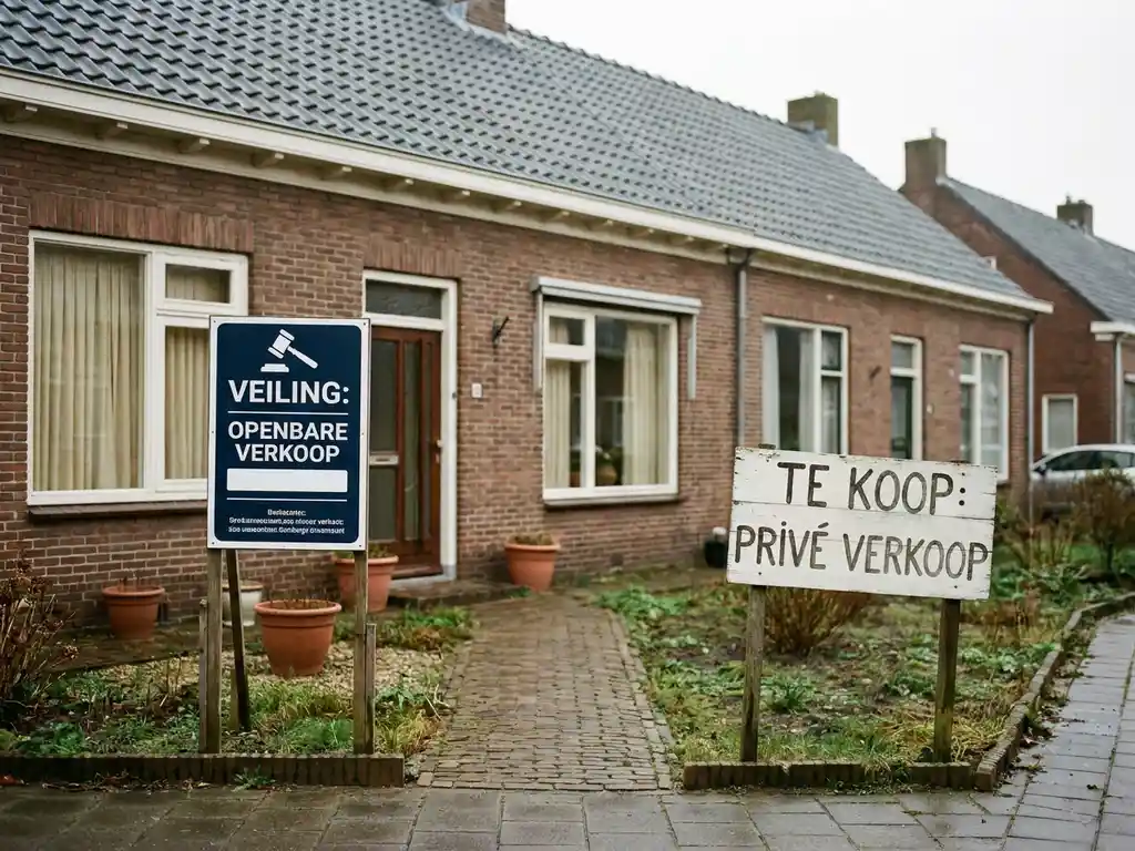 Nederlandsche rijtjeshuis met twee verkoopborden in de voortuin: een veilingbord en een particulier te-koopbord, bakstenen gevel, bewolkt daglicht.