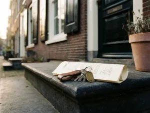 Huissleutels op een ondertekend koopcontract op een Amsterdamse drempel, met een bakstenen grachtenpand op de achtergrond.